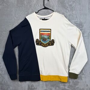AKOO Mens Colorblock Sweatshirt XXL Cream Navy Yellow Bear Graphic Crewneck